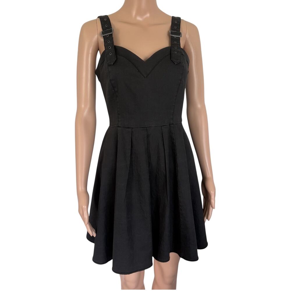 Guess Black Fit & Flare Buckle Strap Mini Dress Sz 8 Goth Grunge Dark Academia
